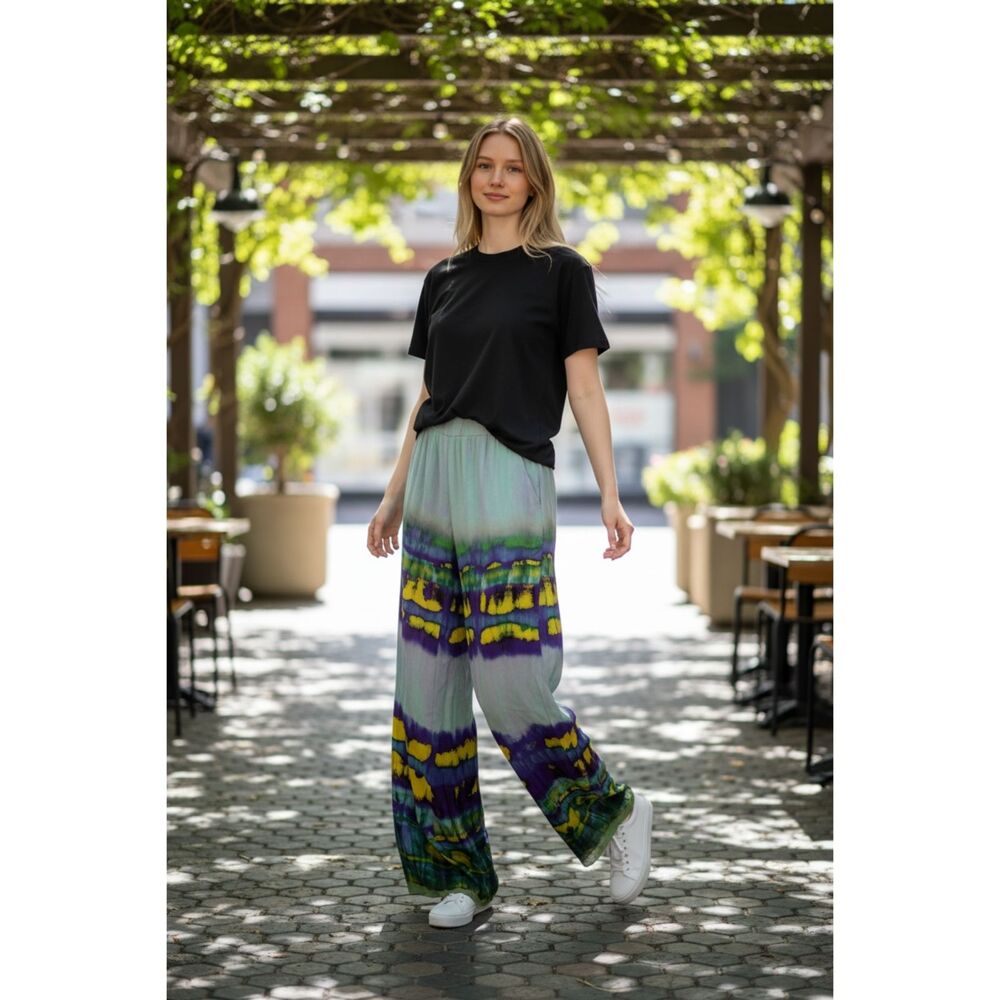 MSGM Blue Tie Dye Mid Rise Silky Bootcut Lounge Wide Leg Pants Womens S-M
